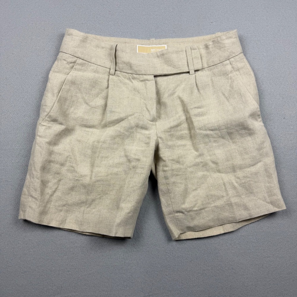 Michael Kors Women 0 Beige Solid Linen Hamptons Flat Front Beach Trouser Shorts